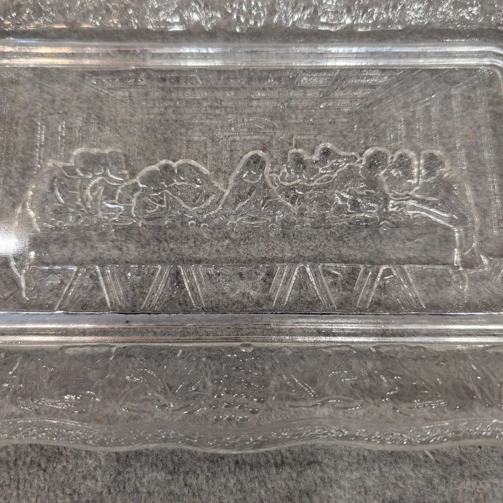 Tiara Indiana Glass Last Supper Bread Tray and Trinket Dish Set Clear Green - Picture 2 of 7